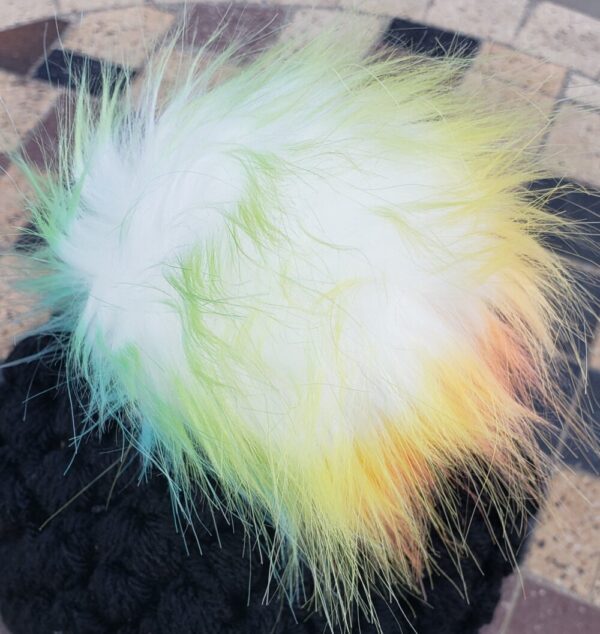 Product image of Black baby hat with colored poof ball 6-12 month size