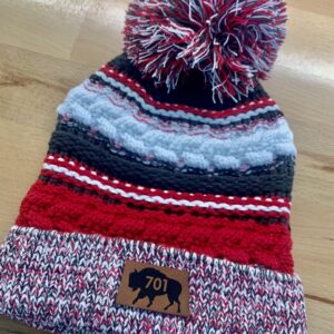 Product image of North Dakota Knit Pom Beanie Cap – Raspberry, White & Grey