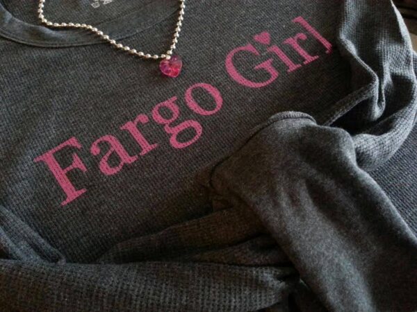 Shop North Dakota Fargo Girl® – Charcoal Thermal Top w/Metallic Pink