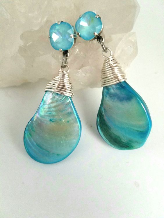 Product image of Handmade beach, wire wrapped shell and crystal earrings