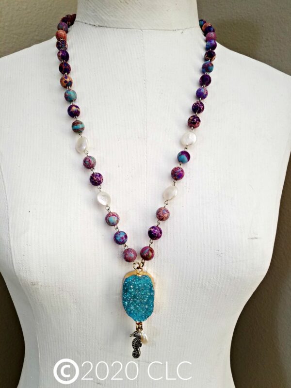 Product image of Long Beaded Necklace, Aqua Druzy Pendant, SeaHorse Charm, Coin Pearl
