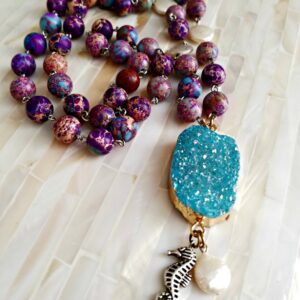 Product image of Long Beaded Necklace, Aqua Druzy Pendant, SeaHorse Charm, Coin Pearl