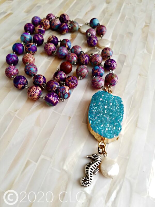 Product image of Long Beaded Necklace, Aqua Druzy Pendant, SeaHorse Charm, Coin Pearl