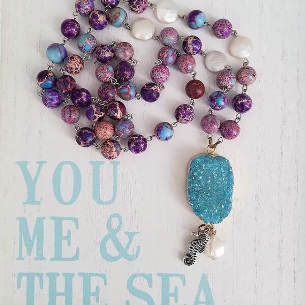 Product image of Long Beaded Necklace, Aqua Druzy Pendant, SeaHorse Charm, Coin Pearl