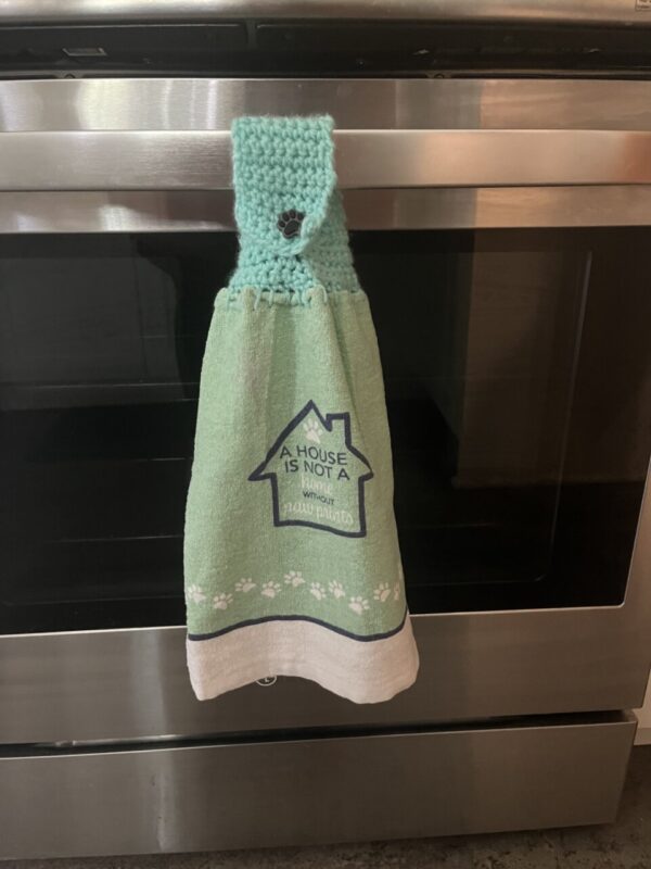 Product image of Crocheted Towel, Double Crocheted Towel, Double Sided Crocheted Towel. A House Is Not A Home Without Paw Prints Crochet Towel, Minty Crochet Towel, Paw Print Button
