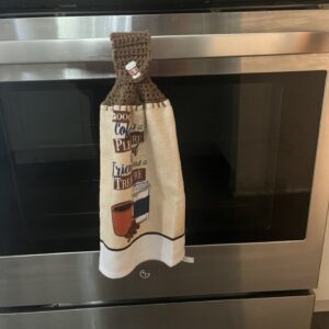 Product image of Crocheted Towel, Double Crocheted Towel, Double Sided Crocheted Towel. Good Coffee is A Pleasure Friends Are A Treasure Crochet Towel, Brown Crochet Towel, Coffee Cup Button