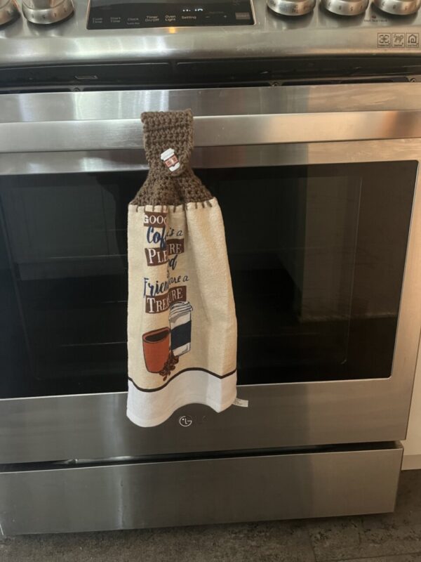 Product image of Crocheted Towel, Double Crocheted Towel, Double Sided Crocheted Towel. Good Coffee is A Pleasure Friends Are A Treasure Crochet Towel, Brown Crochet Towel, Coffee Cup Button