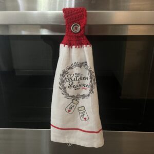 Product image of Crocheted Towel, Double Crocheted Towel, Double Sided Crocheted Towel, This Kitchen Is Seasoned With Love Crochet Towel, Red Crochet Towel, Bronze Button