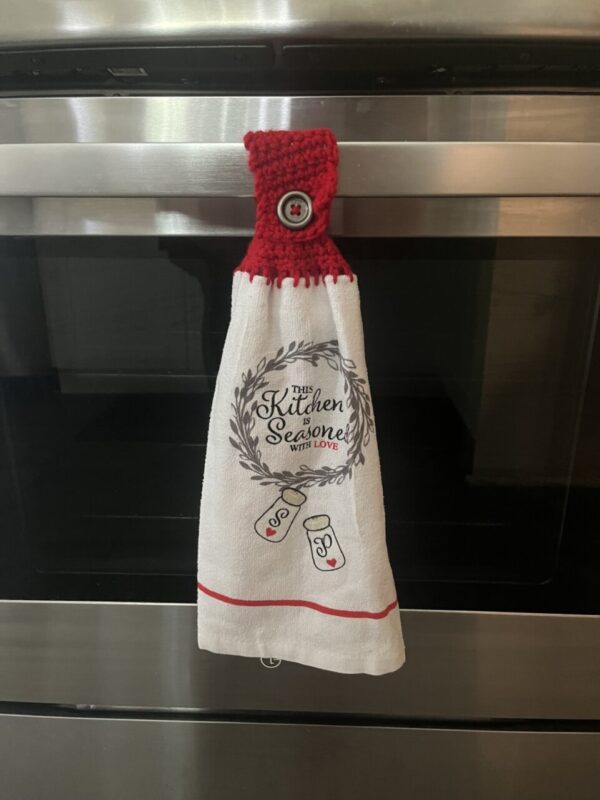 Product image of Crocheted Towel, Double Crocheted Towel, Double Sided Crocheted Towel, This Kitchen Is Seasoned With Love Crochet Towel, Red Crochet Towel, Bronze Button