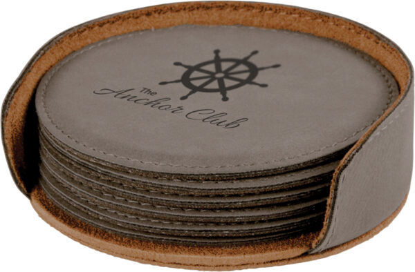 Product image of 4″ Leatherette Round 6 PC Coaster Set