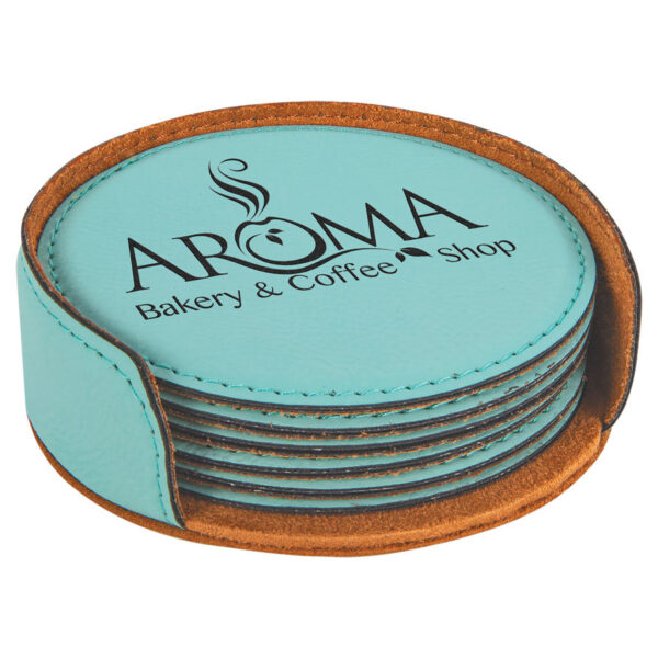 Product image of 4″ Leatherette Round 6 PC Coaster Set