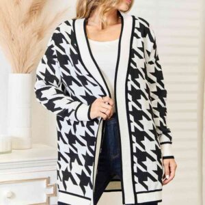 Product image of Woven Right Houndstooth Open Front Longline Cardigan