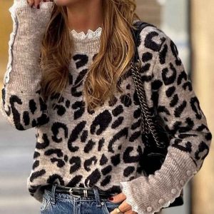 Product image of Leopard Print Knit Top with Lace Trim Details