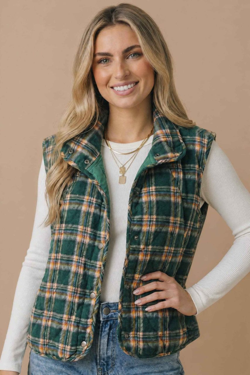 Product image of Snap Button Down Plaid Quilted Puffer Vest