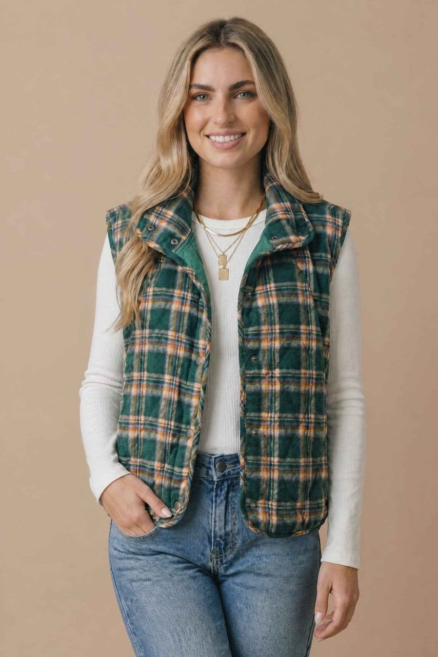 Product image of Snap Button Down Plaid Quilted Puffer Vest