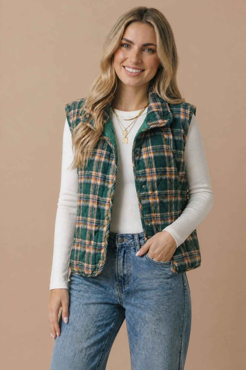 Product image of Snap Button Down Plaid Quilted Puffer Vest