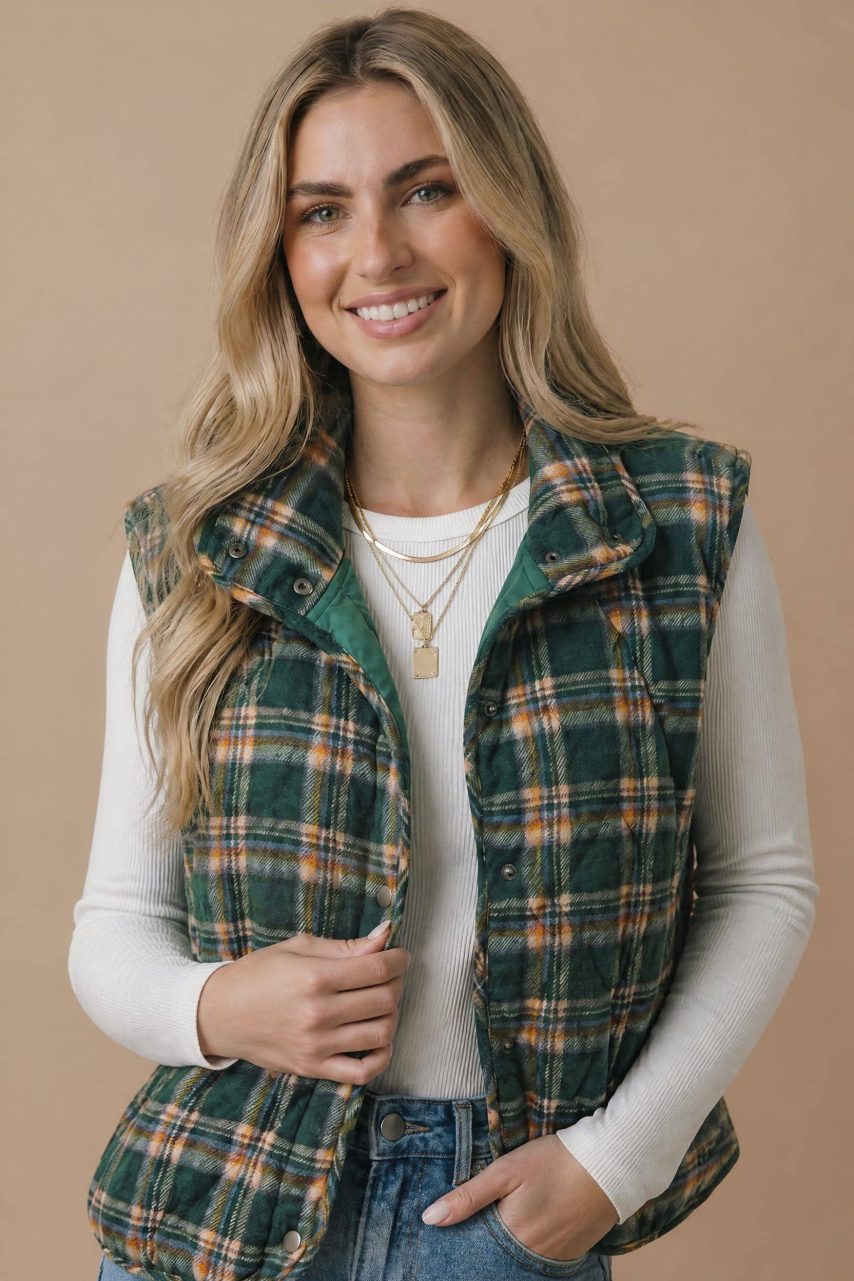 Product image of Snap Button Down Plaid Quilted Puffer Vest
