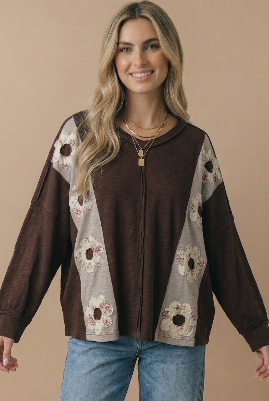 Product image of V Neck Flower Patches Slub Knit Top