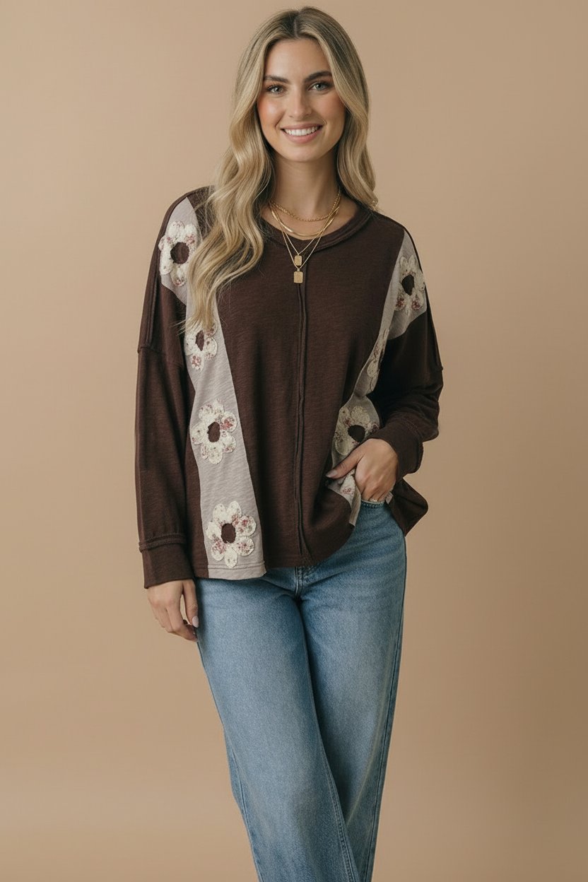 Product image of V Neck Flower Patches Slub Knit Top