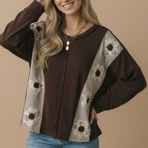 Product image of V Neck Flower Patches Slub Knit Top
