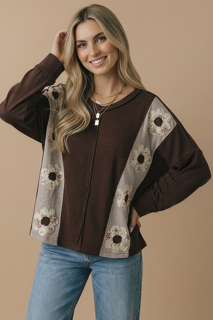 Product image of V Neck Flower Patches Slub Knit Top