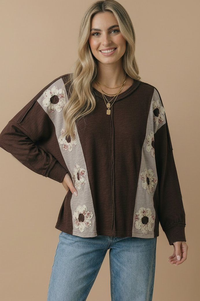 Product image of V Neck Flower Patches Slub Knit Top