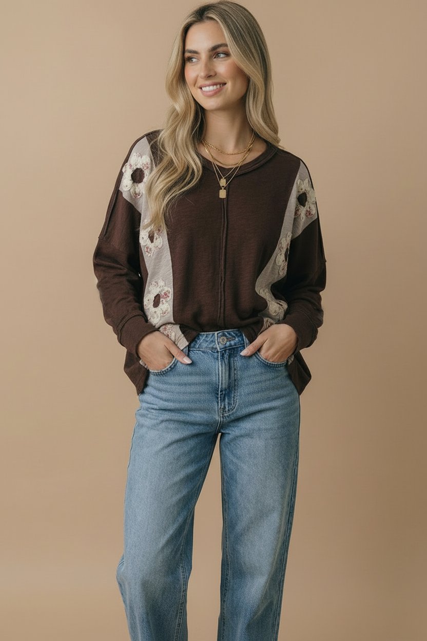 Product image of V Neck Flower Patches Slub Knit Top